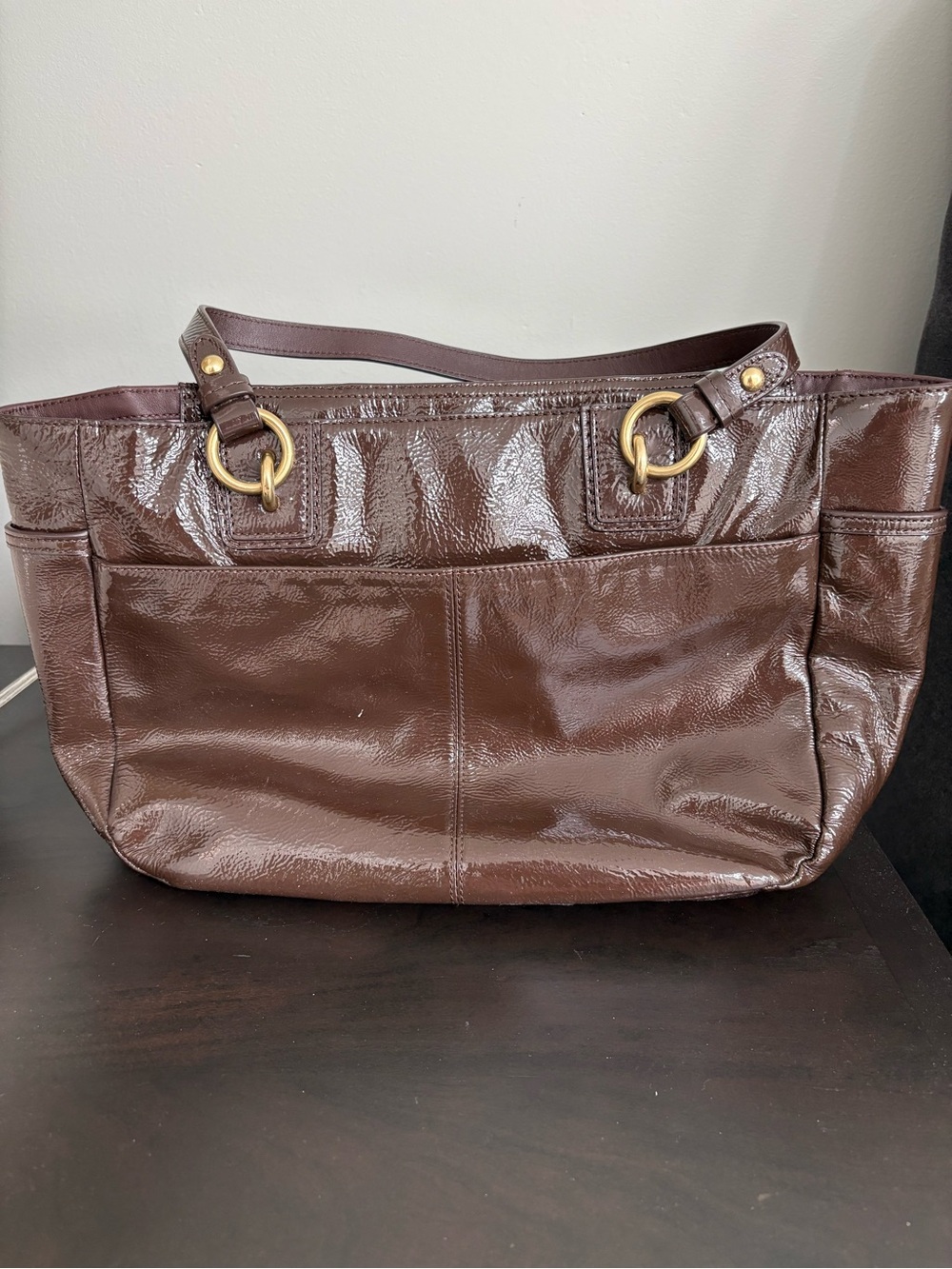 Coach Chocolate Brown Patent Leather Tote with Gold Hardware - Picture 2 of 7